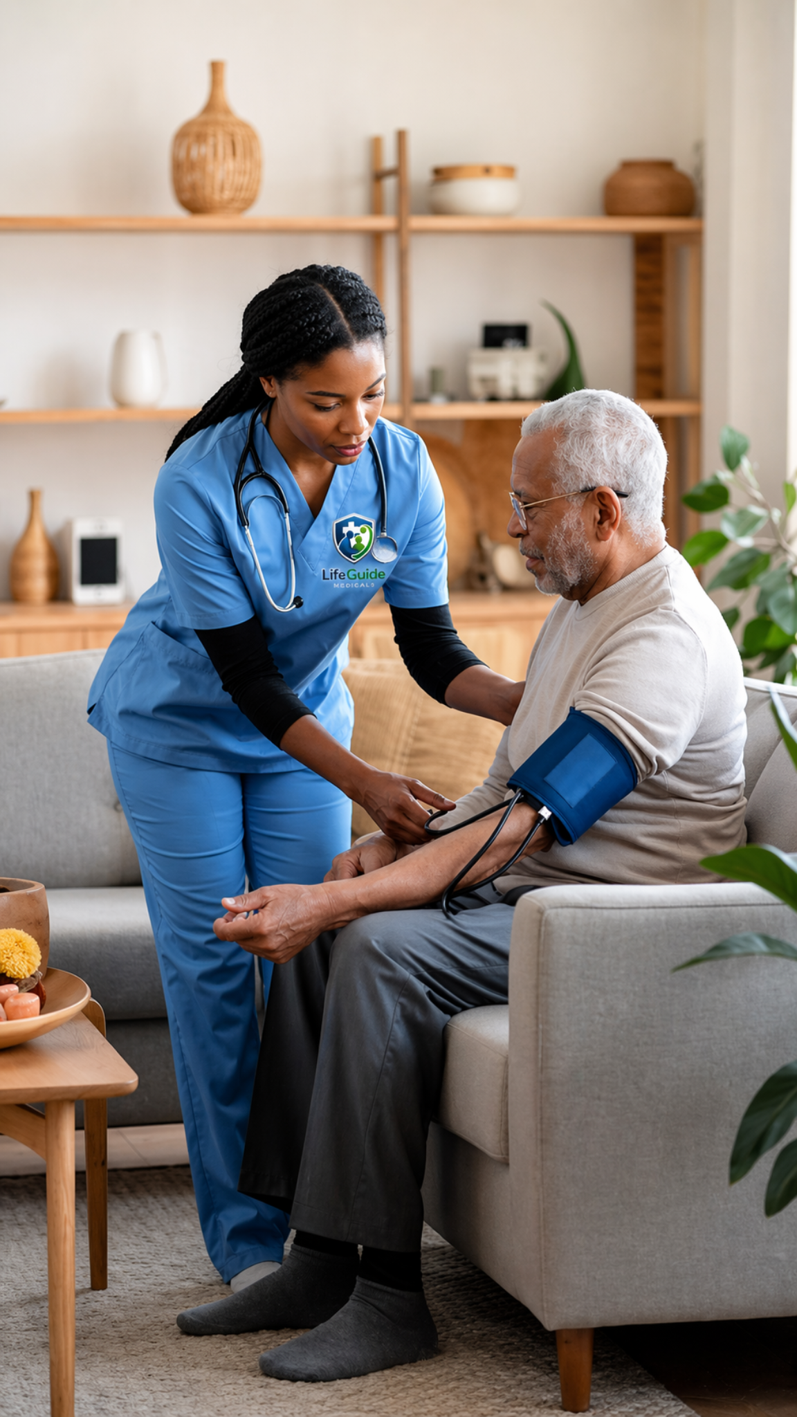 Medical practitioner checking an elderly patient's blood pressure at home